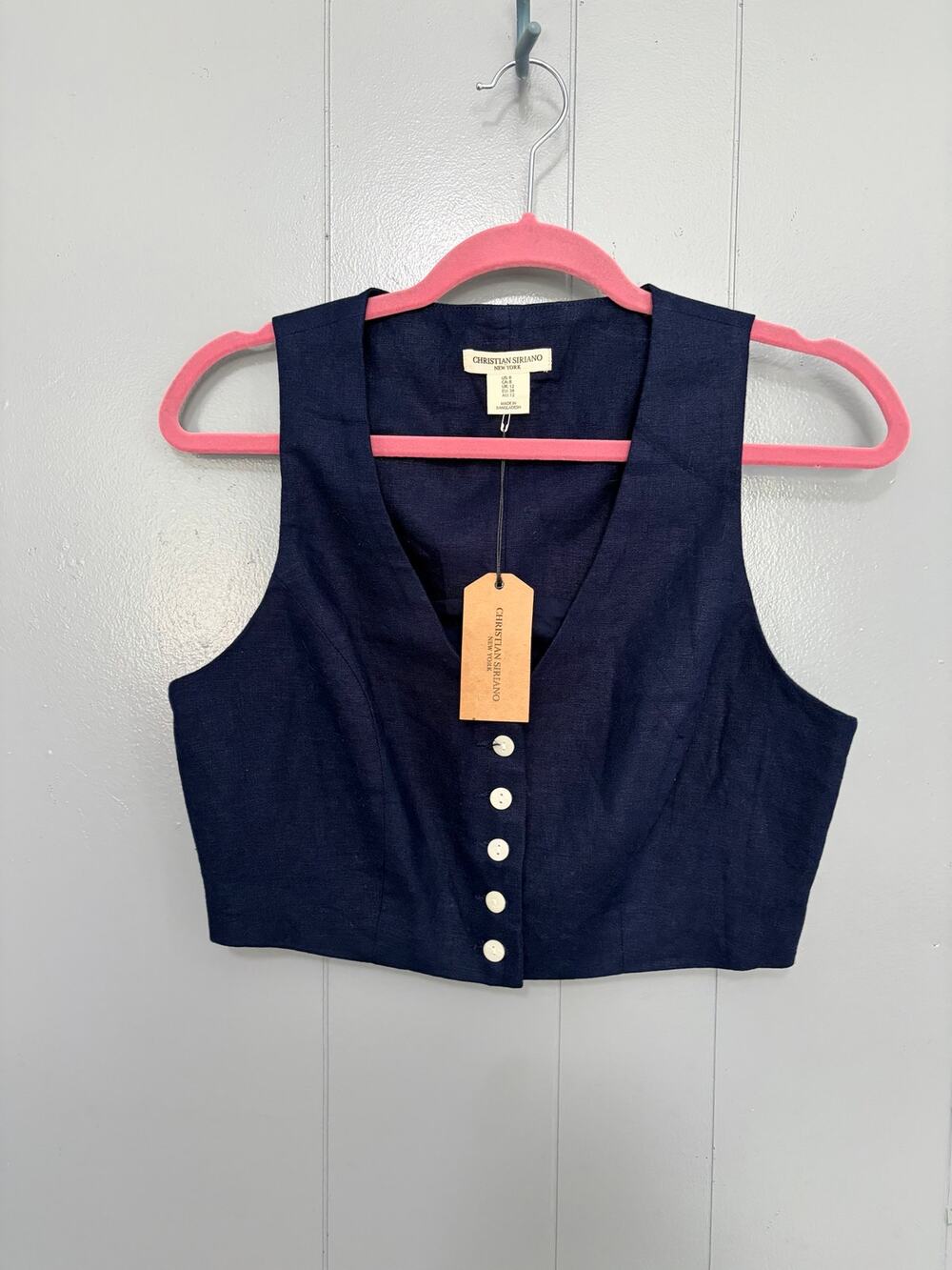 NEW Christian Siriano Navy Linen Button Front V-neck Classic Cropped Vest 8 - Picture 1 of 6